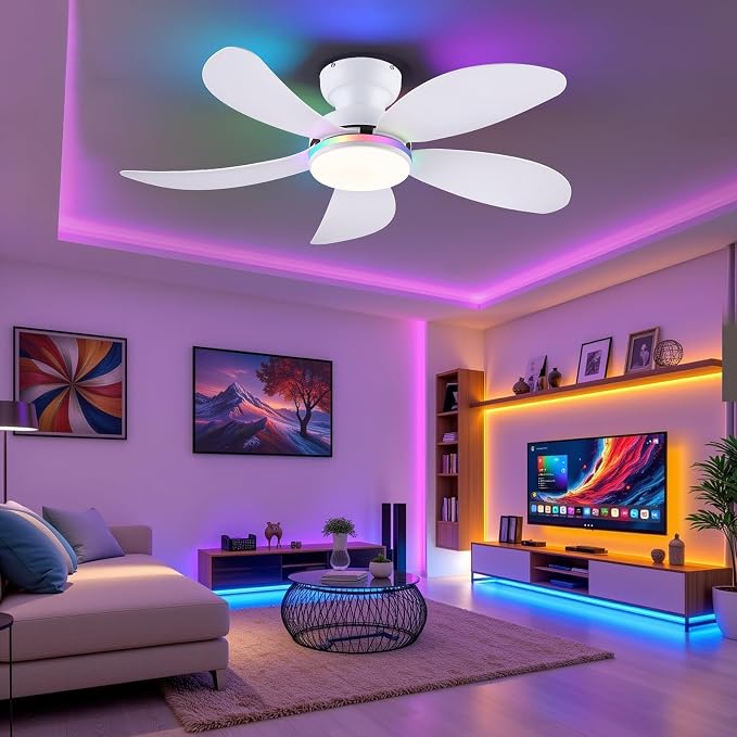 PHORUS 42" White Modern Low Profile RGB Ceiling Fans with Lights and Remote | 14 RGB Modes,Supports Remote and APP,6 Wind Speeds, Reversible, Dimmable 3 CCT LED, 30W DC Motor,Suits for Bedroom Kidsroom