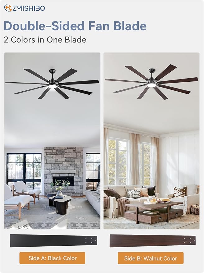 ZMISHIBO 80 inch Large Ceiling Fans with Lights and Remote, Indoor/Outdoor Black Modern Ceiling Fan for Kitchen Living Room Patio, 6 Speed Reversible Quiet DC Motor, 3 CCT, Dual Finish 8 Blades