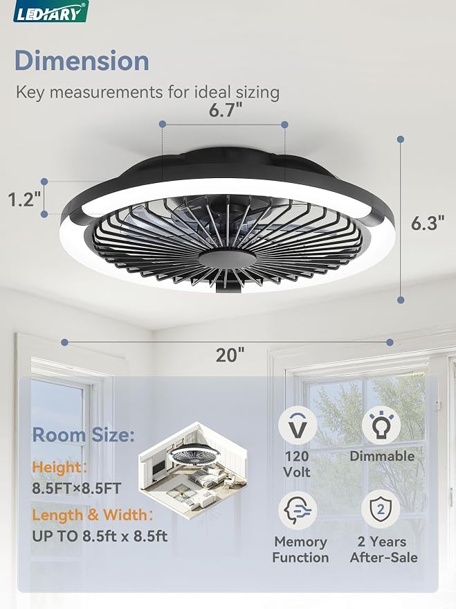 LEDIARY 20" Bladeless Ceiling Fan with Light,Low Profile LED Ceiling Fans with Remote & Smart APP Control,Modern Enclosed Flush Mount Fandelier with Timming,6 Speed,3000-6000K,Bedroom,Kids Room-Black