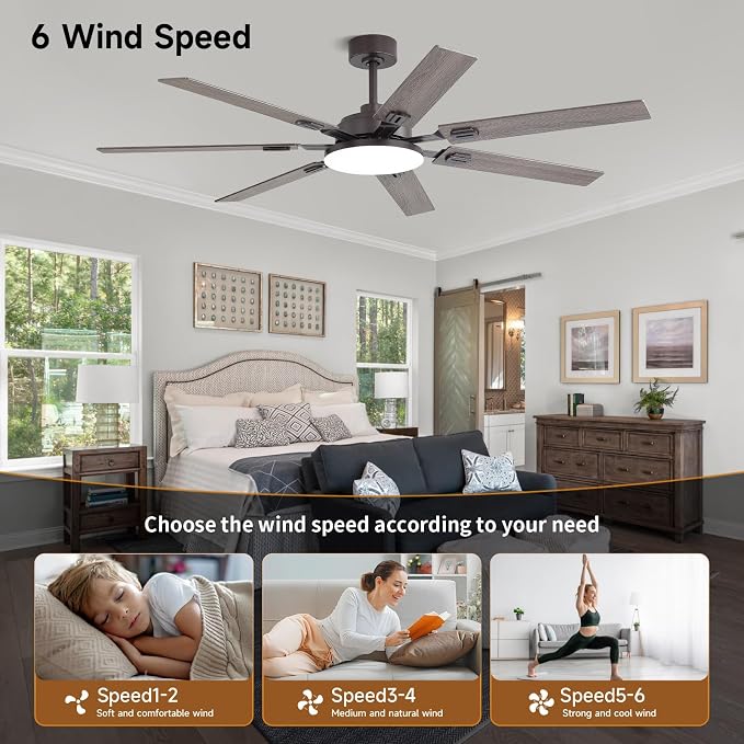 64 Inch Ceiling Fans with Lights and Remote, Bedroom Living Room Office Library Cafe Outdoor Industrial, 5CCT Dimmable, Dual Color 7 Blades, 6 Speed Reversible Quiet DC Motor, Brown/Wood Grain