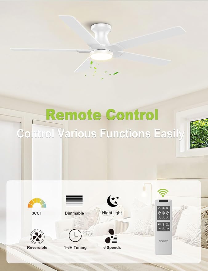 DAMINY 52 inch White Ceiling Fans with Lights,5 Blades,3CCT, Low Profile,Remote Control,for Bedroom, Kitchen,Living Room,Indoor/Outdoor Use,Flush Mount