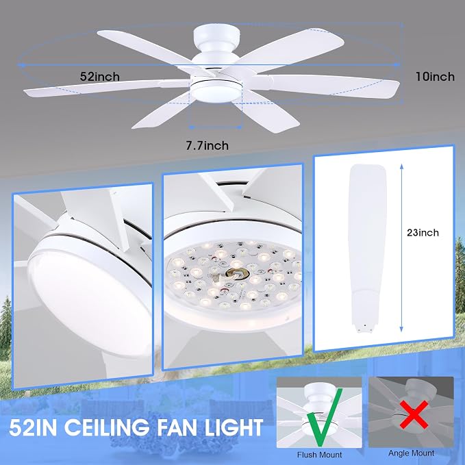 Kviflon 52 Inch Modern Ceiling Fans with Lights Remote Control, Low Profile Flush Mount, 6 Reversible Plastic Blades, 6 Speeds, 3CCT Dimmable LED Lights for Bedroom Kids Room, White