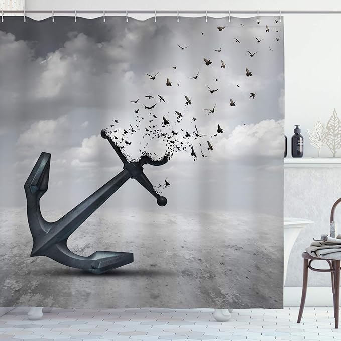 Ambesonne Birds Shower Curtain, Anchor Turns into Group of Flying Birds Seagulls for Liberty and Hope Mood Graphic Art, Cloth Fabric Bathroom Decor Set with Hooks, 69" W x 70" L, Silver Grey