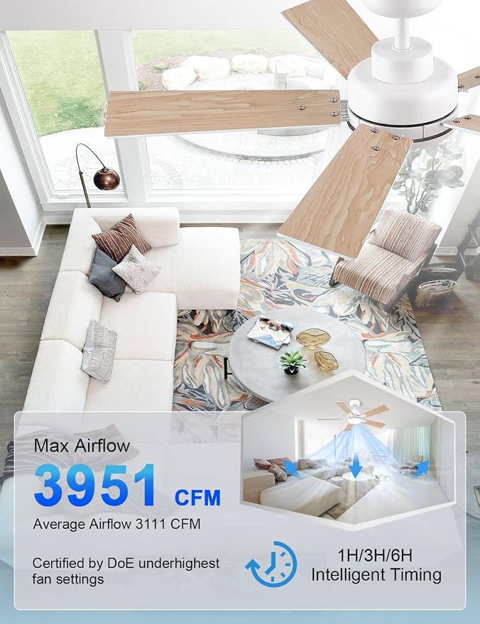 Modern Ceiling Fans with Lights - 42 inch Outdoor White Ceiling Fan with Light and Remote, Reversible DC Motor, 6-Speed Quiet 3CCT LED Dimmable for Bedroom, Indoor and Outdoor, Patios, ETL Listed