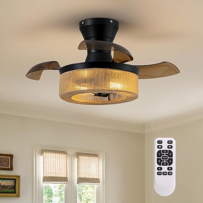 28'' Retractable Ceiling Fan with Lights, Flush Mount Small Caged Low Profile Ceiling Fan with Remote Invisible Blades 6 Wind Speeds farmhouse Fandelier for Kids Nursery Room, Bedroom, Kitchen