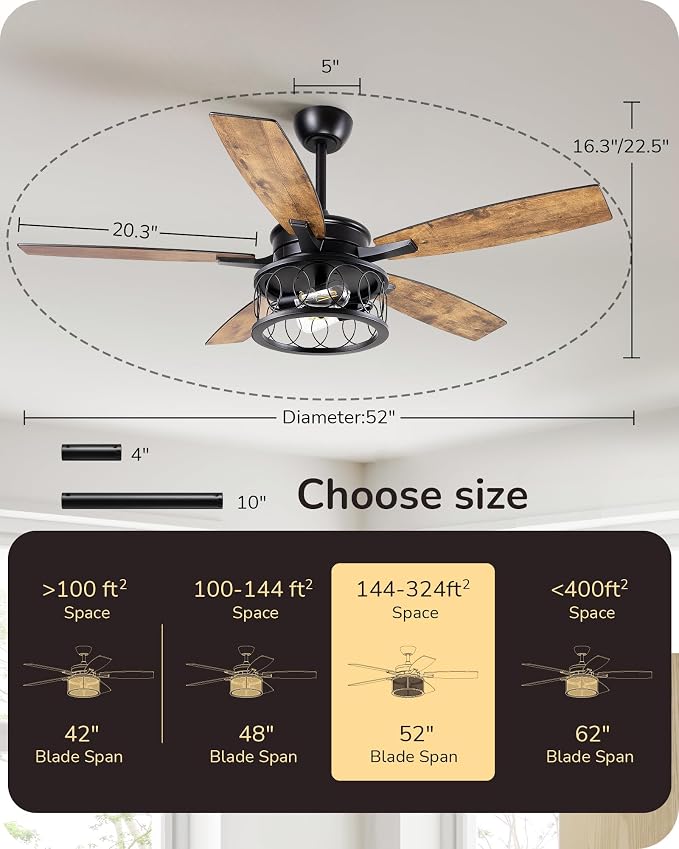 EDISHINE 52'' Farmhouse Ceiling Fans with Lights, 10%-100% Dimmable, 5 Wooden Blades, 1/2/4/6 Hour Timer, 6 Speeds Reversible DC Motor, Rustic Ceiling Fan for Living Room, Bedroom, Burnt Wood