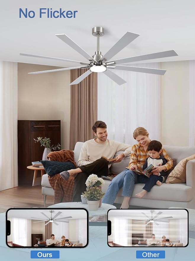 72 Inch Ceiling Fans with Lights and Remote, Pure Copper DC Motor Brushed Nickel Large Indoor/Outdoor Modern Industrial Ceiling Fan, Quiet, 6 Speed, 3CCT, for Patios Living Room Farmhouse Garage