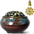 Ceramic Incense Burner, Bowl Burner,Cone Incense Burner with Brass lid for use with Stick or Cone-Shaped Incense，Lotus Incense Stick Holder Calabash Incense Stick Holder, 3pc (Fambe Blue)