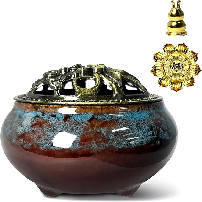 Ceramic Incense Burner, Bowl Burner,Cone Incense Burner with Brass lid for use with Stick or Cone-Shaped Incense，Lotus Incense Stick Holder Calabash Incense Stick Holder, 3pc (Fambe Blue)