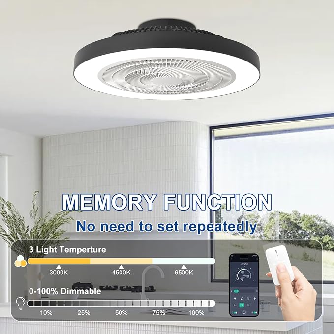 Depuley Modern Ceiling Fan with Light: 19" Flush Mount Low Profile LED Ceiling Fans with Remote & Smart APP Control - Black Bladeless Fandelier Dimmable Quiet DC Motor for Bedroom Kids Room 6 Speeds