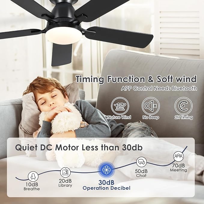 46 Inch Ceiling Fans with Lights and Remote, Flush Mount, Black | Low Profile, Dimmable LED, Reversible, Quiet DC Motor, Wooden Blades, for Modern Apartment Bedroom Home Office Living Room