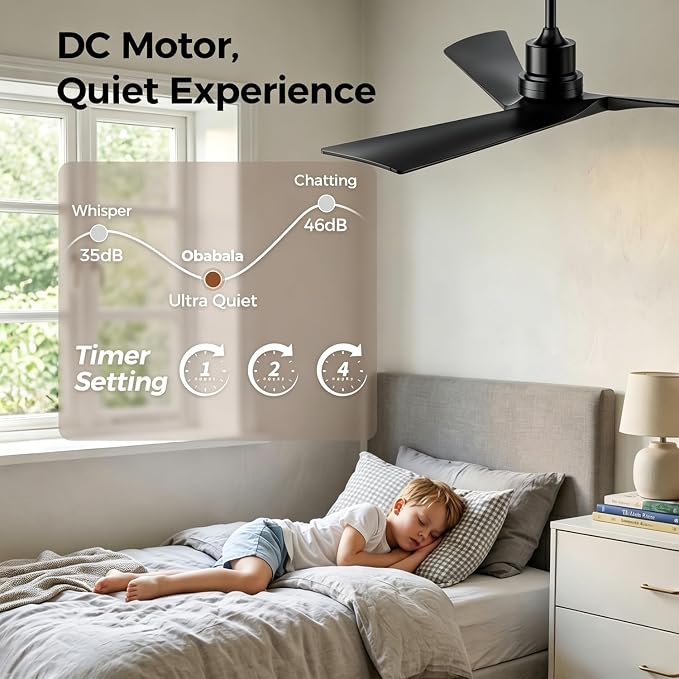 Obabala Ceiling Fan 52 Inch with Remote, Solid Wood Blades DC Motor 5000 CFM Quiet 35dB, Reversible 6 Speed Modern Farmhouse for Bedroom Living Room Indoor Outdoor, No Light with Downrod
