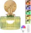 Shenmoyl Vintage Battery Operated Wall Sconce with Green Striped Glass Lampshade 5000 mAh Rechargeable Battery Powered Wall Light with Remote Control for Bedside Bedroom Doorway
