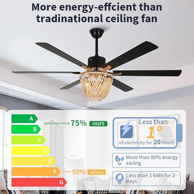 65 Inch Ceiling Fan with Lights and Remote, Wooden Bead Fandelier, 6 Speeds DC Motor Chandelier Fan, Vintage Farmhouse Ceiling Fan for Living, Dining Rooms, Bedroom, Patios, Shop, Ventilador de Techo