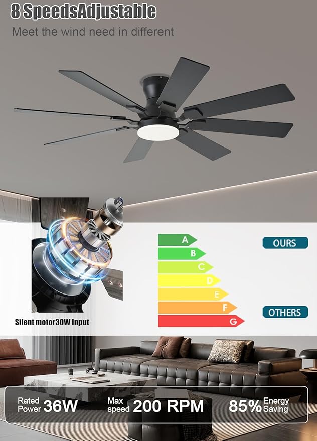 JSAITEE 52 inch Ceiling Fan with Light, 6 Speeds Reversible Low Profile Ceiling Fan with Light and Remote/APP Control, 3 Color Temp+Dimmable RGB, 8 Blades, Flush Mount Quiet Ceiling Fans, Black