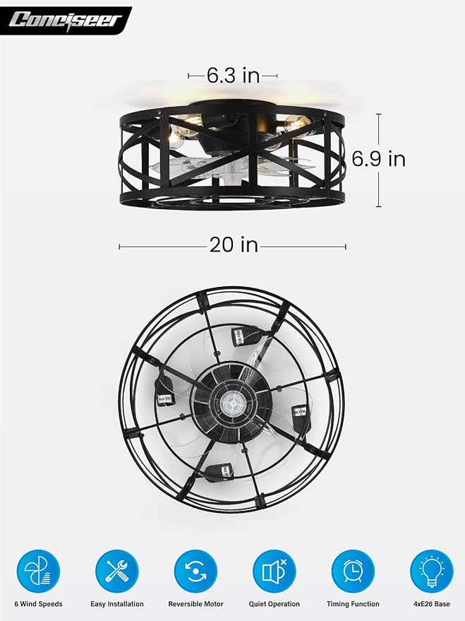 Conciseer 20 Inch Caged Ceiling Fans with Lights and Remote, Flush Mount, Low Profile 7 Blades, 6 Speed Reversible Quiet DC Motor for Bedroom, Kitchen and Living Room, Black