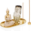 ZenBless 6 in 1 Incense Holder - Palo Santo, Buddha Statue, Sage & Incense Burner Holder for Sticks/Coil/Cones, Gold Oval Ash Catcher