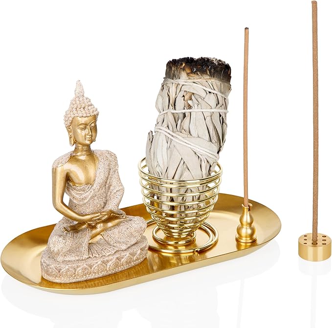 ZenBless 6 in 1 Incense Holder - Palo Santo, Buddha Statue, Sage & Incense Burner Holder for Sticks/Coil/Cones, Gold Oval Ash Catcher