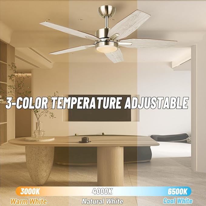 42" Ceiling Fan for Living Room - 5 Blades Modern Ceiling Fan with Light for Bedroom - Quiet DC Motor - 3CCT - 6 Speeds - Dimmable - Reversible Function - Light Wood Tone/Dark Brown