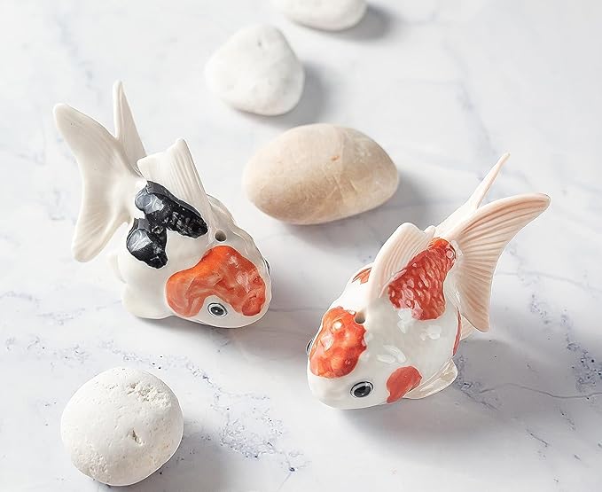 WitnyStore Tiny 2½" White Orange Oranda Goldfish Incense Holder Figurine - Miniature Hand Made Ceramic Ryukin Fantail Gold Fish Aquarium Animal Cute Porcelain Decorative Collectible Figure Décor Gifts