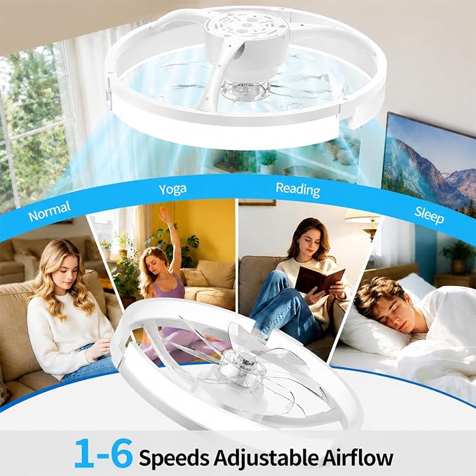 Ceiling Fans with Lights and Remote, 20'' Low Profile Ceiling Fan, 1-6 Wind Speeds, 3000-6500K Dimmable Flush Mount LED Fan Light, Modern Fandelier Ceiling Fans for Bedroom