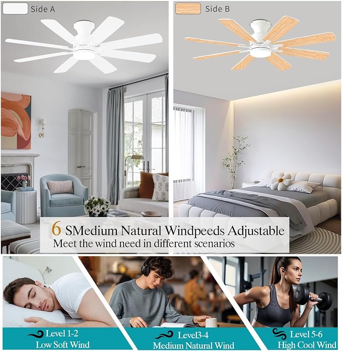 KNUN 52 Inch Ceiling Fan with Light, Low Profile Ceiling Fans with Remote and APP Control, 8 Blades, Noiseless, DC Motor, Flush Mount Ceiling Fan for Bedroom Living Room, Indoor/Outdoor White
