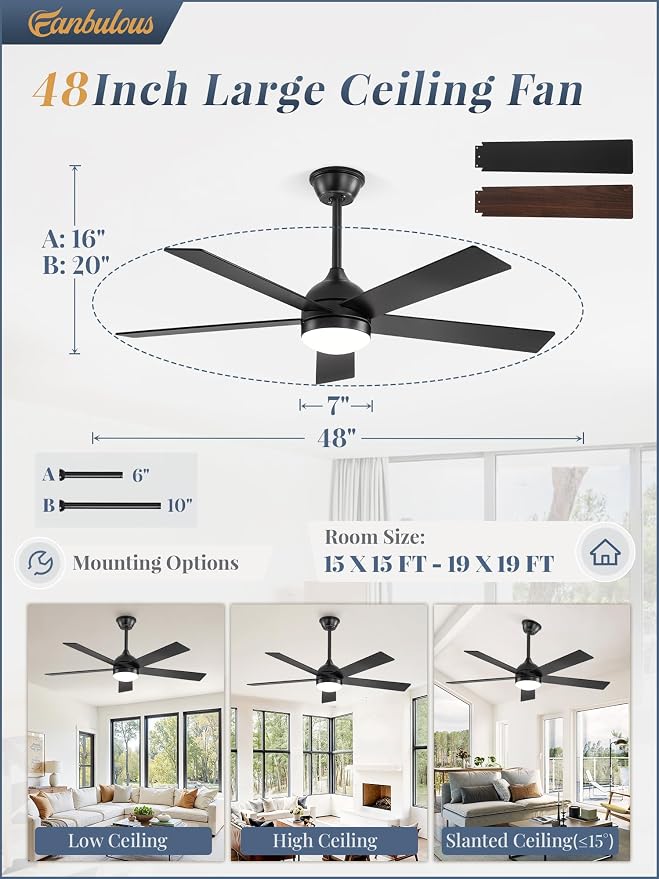 Fanbulous 48 Inch Ceiling Fan with Light and Remote, Black Ceiling Fans with Light, 5 Dual-Color Blades, Reversible Quiet DC Motor, 6 Speeds, 3CCT Adjustable LED for Bedroom Living Room Kitchen Patio