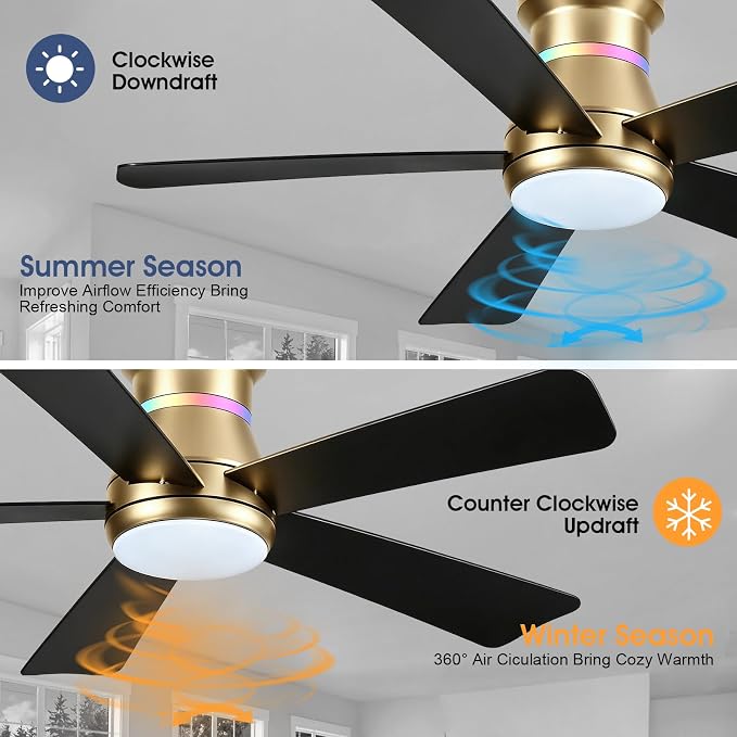 Surtime 46" Ceiling Fans with RGB Lights - Flush Mount Ceiling Fan Light with LED 3CCT Dimmable, Modern Low Profile Gold Ceiling Fan with Reversible Black Blades