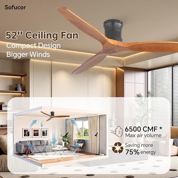Sofucor 52" Solid Wood Ceiling Fan No Light, Low Profile Flush Mount Ceiling Fan with Remote, Outdoor Modern Ceiling Fan 6-Speed Timing Reversible DC Motor Noiseless for Living Room Bedroom Patio