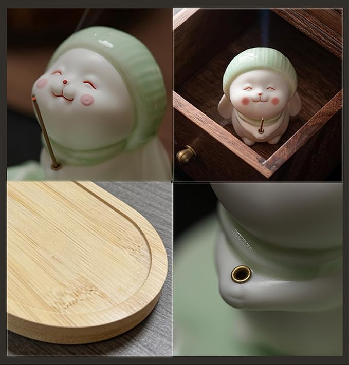 Cute Rabbit Incense Holder for Sticks – Resin Incense Stick Holder with Bamboo Ash Catcher,Perfect for Energy Cleansing,Yoga,Meditation,Zen Spaces, and Altar Decor
