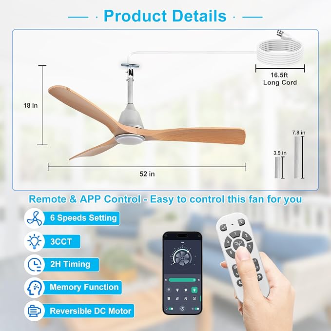Depuley Outdoor Ceiling Fan with Lights: 52" Silver Gazebo Fans Outdoor Hanging with Remote APP Control - Plug in Waterproof Fans with Light for Patio Porch Reversible Wood Blades 3CCT 6 Speeds Timer