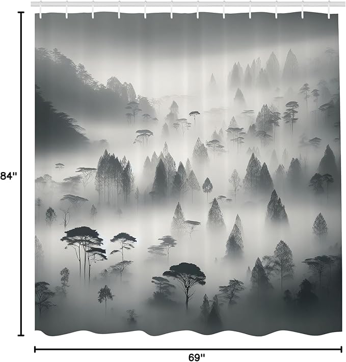 Ambesonne Grey Shower Curtain, Misty Woodland Scenario with Mountains and Trees Monochrome Autumnal, Cloth Fabric Bathroom Decor Set with Hooks, 69" W x 84" L, Dark Cadet Blue Off White