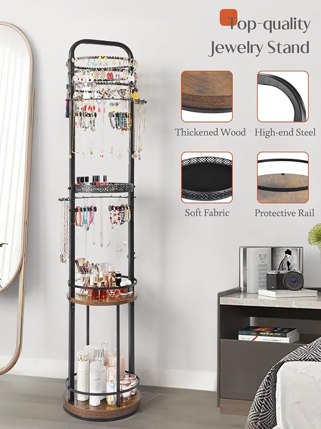 Jewelry Holder Organizer, Floor Jewelry Organizer with Earring Organizer Necklace Holder, Rotating Jewelry Stand Necklace Display Earring Storage, Large Hanging Jewelry Tree for Jewlery Bracelet Ring