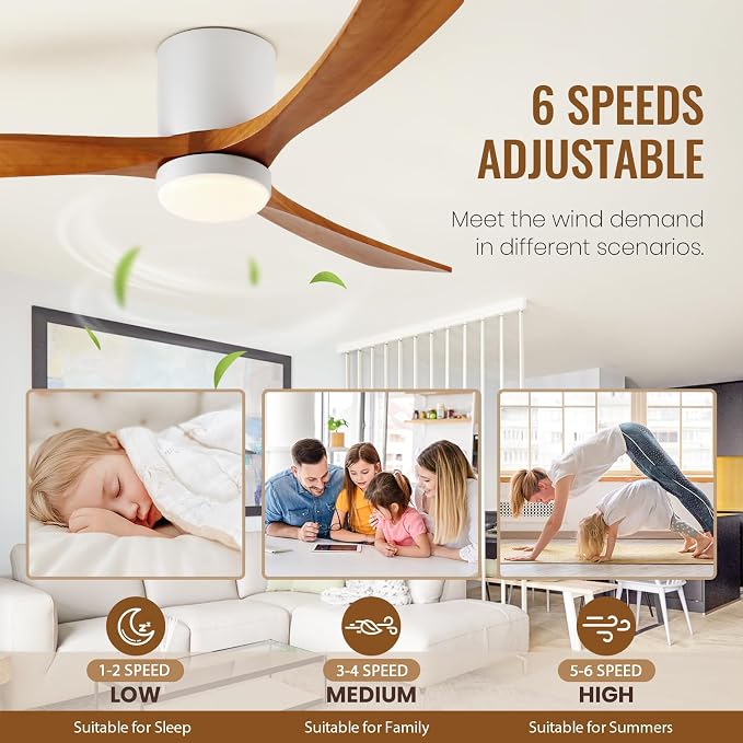 GESUM Ceiling Fan With Light, 52" Flush Mount Ceiling Fan with 3 Wood Blades, Reversible,Dimmable, for Living Room Kitchen Bedroom(White+Wood)
