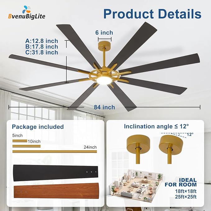 Large Ceiling Fans with Lights: Modern 84 Inch 8 Blade Outdoor Ceiling Fan with Remote APP Control - Dimmable Big Fan Light Indoor Reversible 6 Speed Quiet DC Motor - Brass