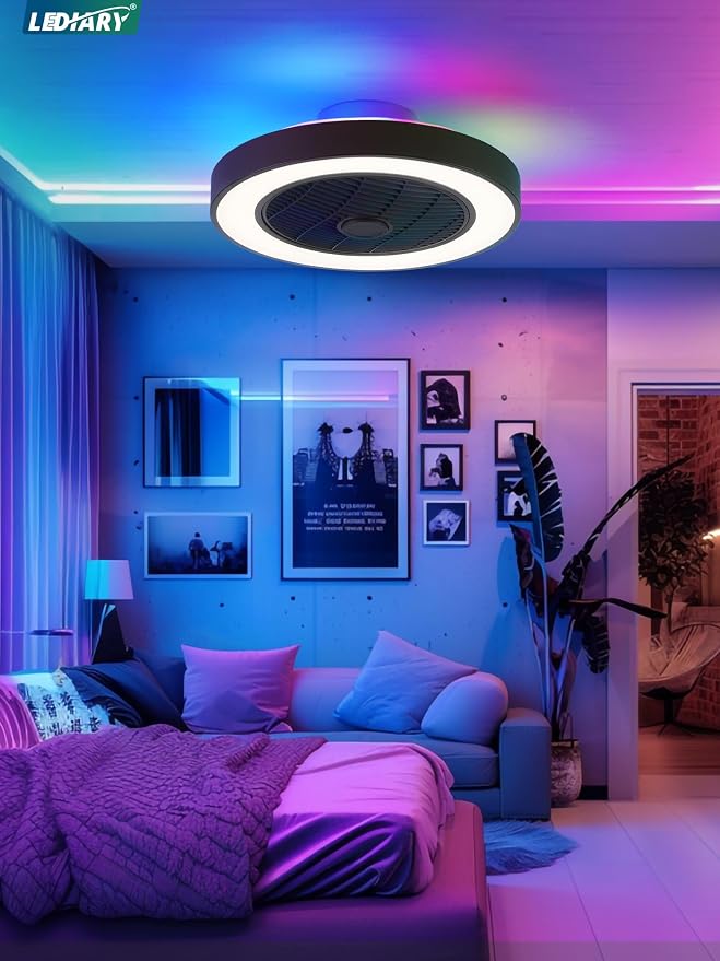LEDIARY 20 Inch Low Profile Ceiling Fans With Lights, Led Bladeless Ceiling Fan, Remote Control Enclosed Flush Mount Ceiling Fan With Timming, 3000-6000K, 6 Wind Speed, 3000LM, 57W-Black RGB