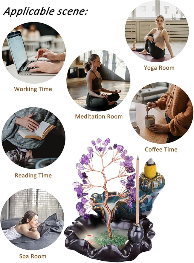 Jovivi Backflow Incense Burner Ceramic Incense Waterfall, Natural Amethyst Healing Crystal Money Tree Incense Holder for Wealth, Good Luck, Yoga Meditation, Home Decor