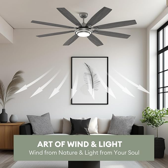 Fanbliss 72 Inch Grey Large Ceiling Fans with Lights and Remote Control, Modern Ceiling Fan with Quiet Reversible DC Motor, Ceiling fan Light for Living Room, Patio, Indoor, Outdoor