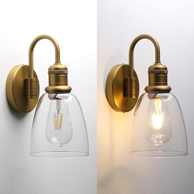 Yosoan 1-Light Brass Modern Vintage Indoor Wall Sconce, Vanity Single Luxury Hardwired Retro Textured Clear Oval Cone Glass Shade with Industrial Curved Rod Bathroom Lamp(Antique)