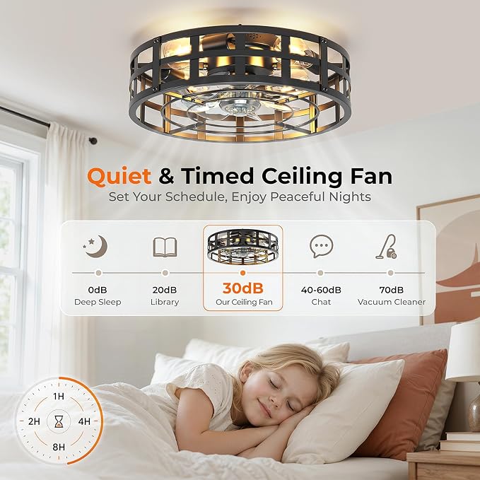Black 20" Caged Ceiling Fan with Light and Remote, Farmhouse Low Profile Flush Mount Fandelier, Bladeless Ceiling Fans 6 Speeds Reversible, Fan Light Fixture for Bedroom, Living Room, Kitchen
