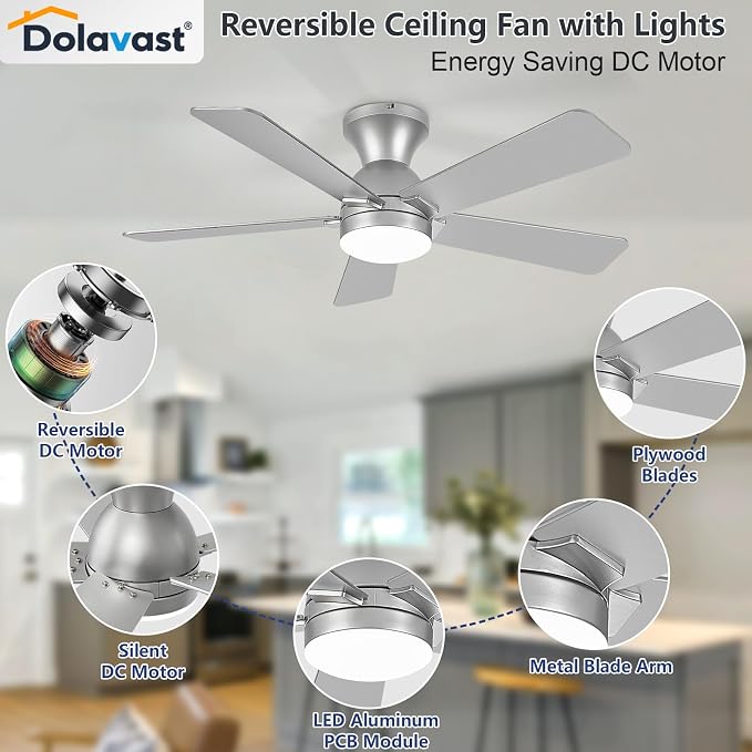 Ceiling Fans with Lights, 42 Inch Low Profile Ceiling Fan with Light and Remote Control, Flush Mount, Reversible, 3CCT, Dimmable LED, Quiet, Nickel Ceiling Fan for Bedroom, Kitchen