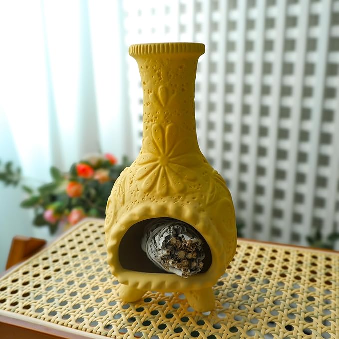 MOUGIGI Yellow Floral Reliefs Palo Santo Burner Holder-Mexican Mini Chiminea Inspired,Chimney for Smudging Sage/Incense Cones/Sticks for Altar/Zen Rituals, Handmade Decor for Witchcraft Supplies