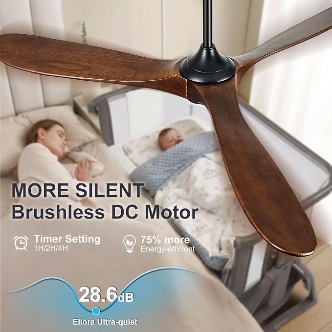 Eliora 52 Inch Ceiling Fans with Lights and Remote Control, Outdoor Ceiling Fan with Light High cfm Outdoor Ceiling Fan for Patio, Porch, 6 Speed Propeller Quiet DC Motor ETL Listed-Deep Walnut