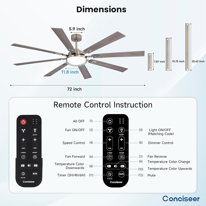 72 Inch Ceiling Fans with Lights and Remote, Living Room Office Industrial, 5CCT Dimmable, Dual Color 8 Blades, 6 Speed Reversible Quiet DC Motor, Double-Layer Lampshade, Sand-nickel/Wood Grain