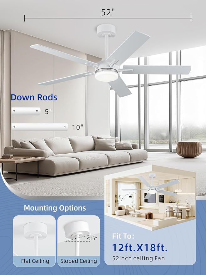 LANMEL Ceiling Fan with Light, Modern Flush Mount Low Profile with Remote Control, Reversible, 3CCT Dimmable, Quiet,LED for Bedroom, Living Room, Indoor/Outdoor Patio Use 52 Inch Silver & White