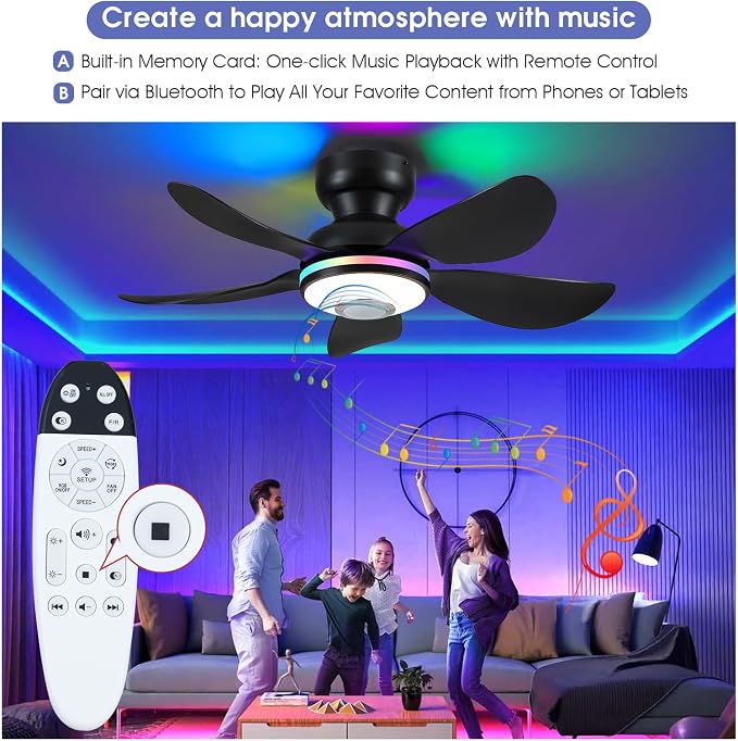 Kviflon 36" Ceiling Fans with RGB Lights Remote/APP Control, Small Ceiling Fan, 3 CCT Dimmable White Lights+RGB Ring Lights+Music Player, 5 Reversible Plastic Blades 6 Speeds for Kidsroom, Black