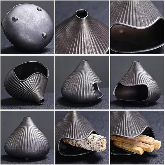 Ceramic Incense Holder, Mini Palo Santo Burner Chimney for Palo Santo Sticks, Cone Incense and Sage Smudging, Handmade Cone Incense Holder Burner for Yoga, Meditation, and Energy Cleansing (Black 01)