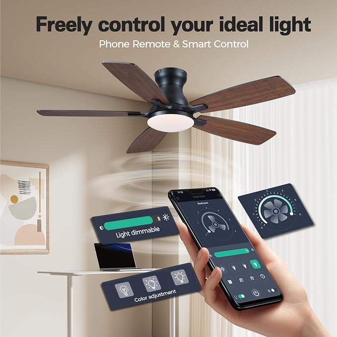 JSAITEE 46 Inch Low Profile Flush Mount Ceiling Fan with Lights, Brown | 46In Flush Mount Ceiling Fan with 3CCT Dimmable, 6 Wind Speeds and Timing, Low Profile Fan for Modern