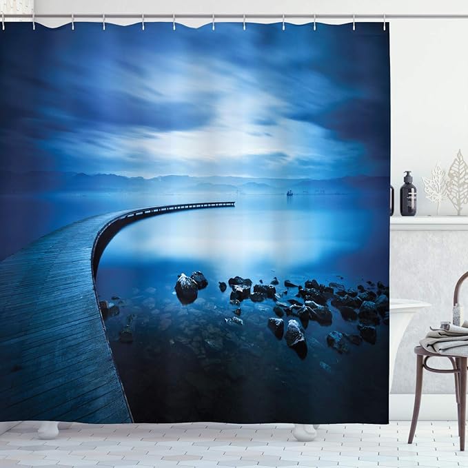 Ambesonne Seascape Shower Curtain, Seaside Rocks Curvy Jetty at Dawn Dreamy Panoramic Majestic Aquatic View Print, Cloth Fabric Bathroom Decor Set with Hooks, 69" W x 75" L, Navy Blue
