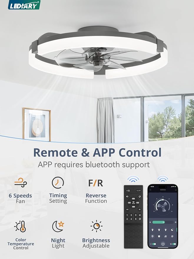 LEDIARY 20" Ceiling Fans with Lights and Remote, Modern Low Profile Ceiling Fan, 3 CCT, Stepless Dimmable, Fandelier Flush Mount Fan Light, 6 Speeds, DC Motor, App & Remote Control for Bedroom(Gray)